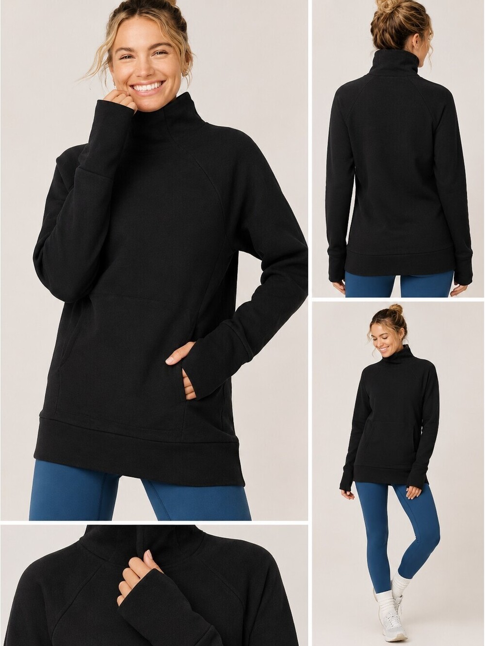 Fabletics Zaylee Funnelneck Tunic Sweatshirt Woman's Med Black Thumbholes